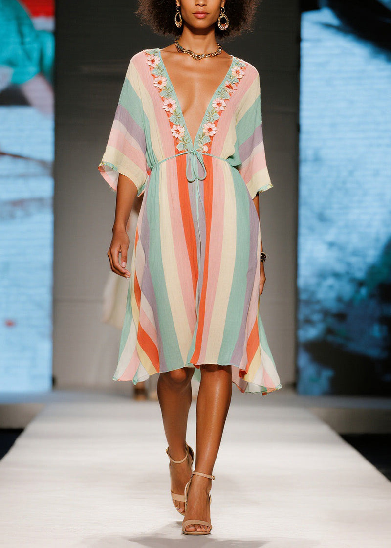 French Colorblock V Neck Cotton Mid Dresses Summer