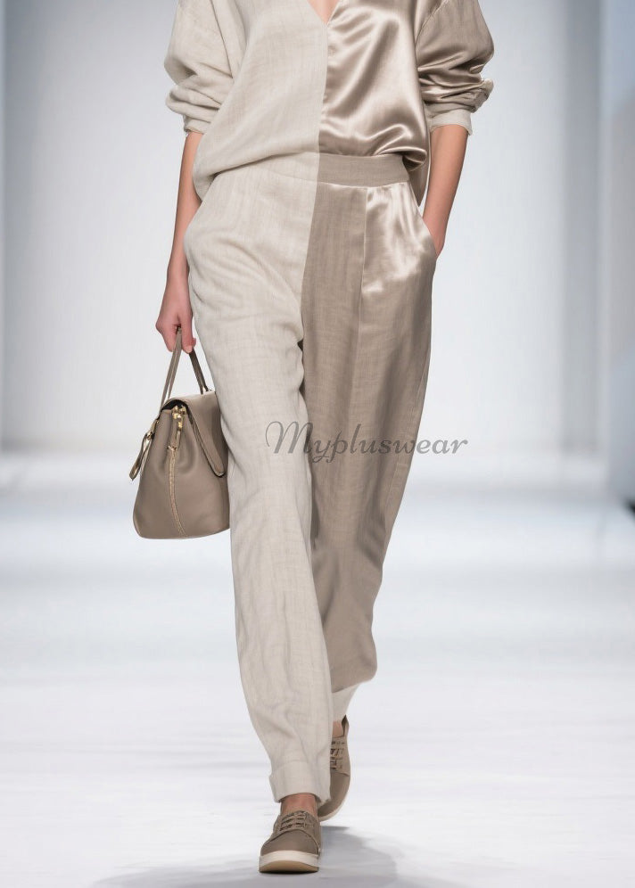 French Colorblock V Neck Patchwork Linen Silk Two Pieces Set Spring