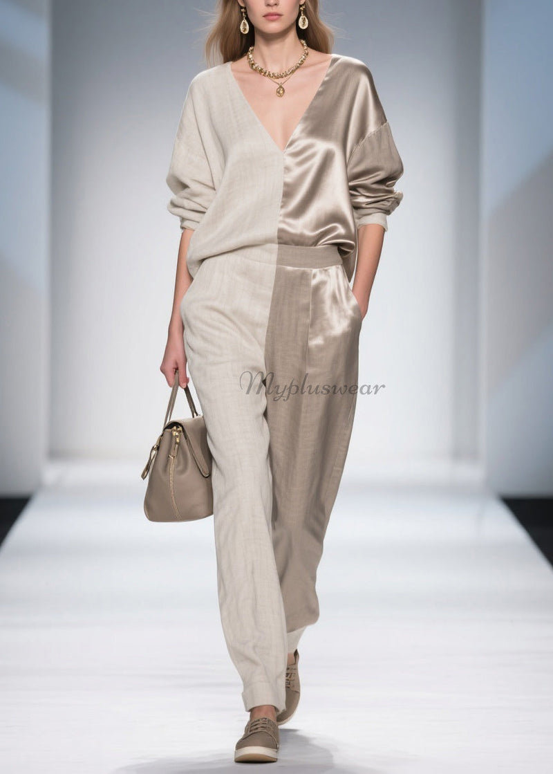 French Colorblock V Neck Patchwork Linen Silk Two Pieces Set Spring