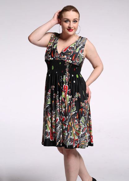 French Colorblock V Neck Print Wrinkled Silk Mid Dress Summer