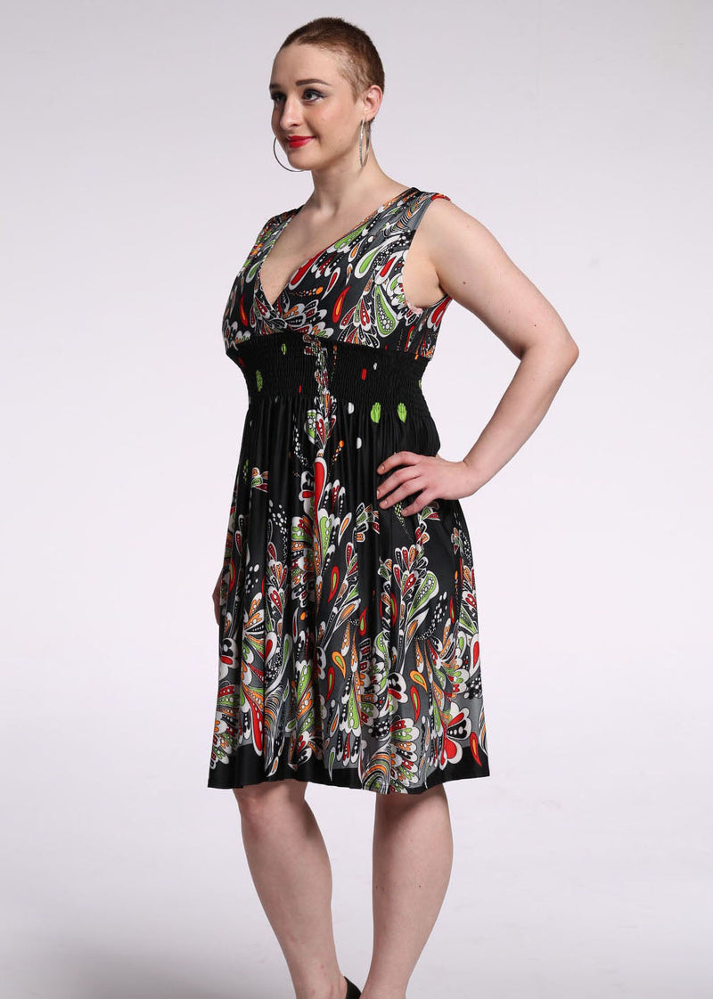 French Colorblock V Neck Print Wrinkled Silk Mid Dress Summer
