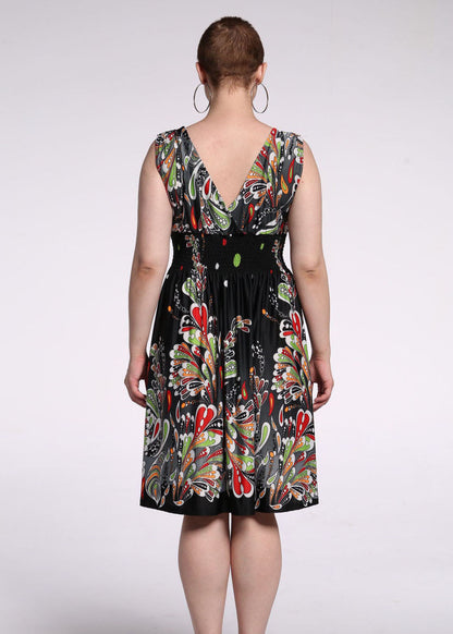 French Colorblock V Neck Print Wrinkled Silk Mid Dress Summer