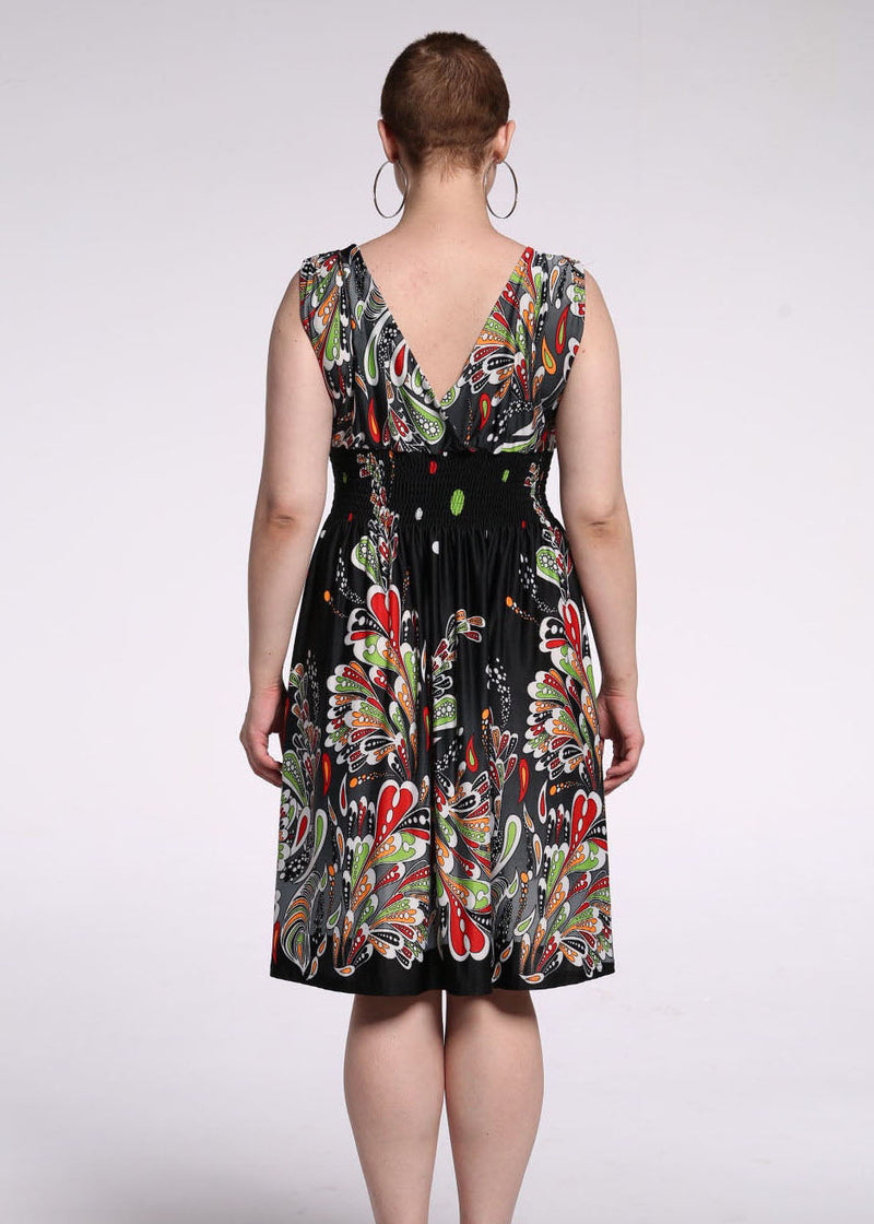 French Colorblock V Neck Print Wrinkled Silk Mid Dress Summer