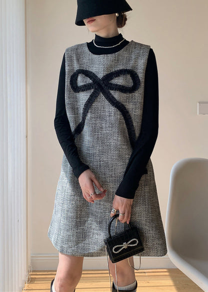 French Dark Gray Bow Dress and Black Tops Cotton Two Piece Set Spring