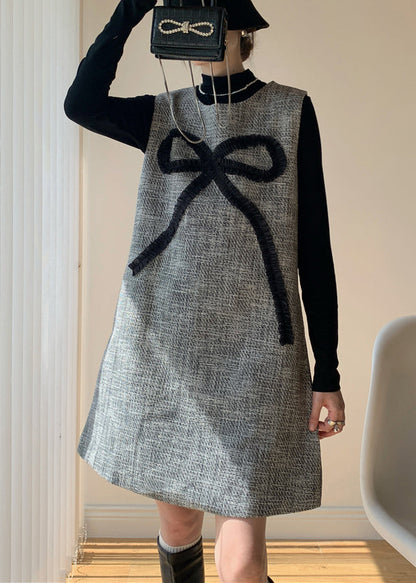 French Dark Gray Bow Dress and Black Tops Cotton Two Piece Set Spring