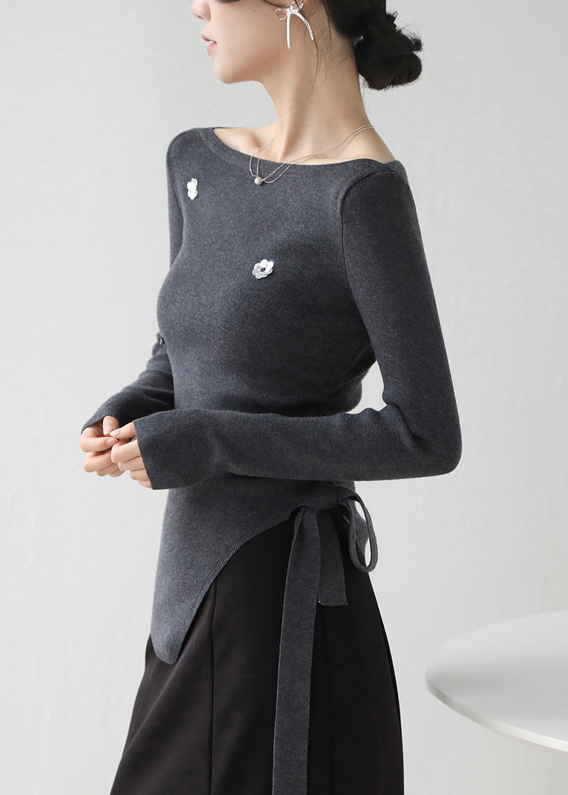 French Dark Grey Asymmetrical Sequins Knit Sweater Winter