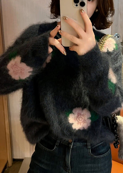 French Dark Grey Oversized Ma Hai Mao Knit Sweater Tops Winter