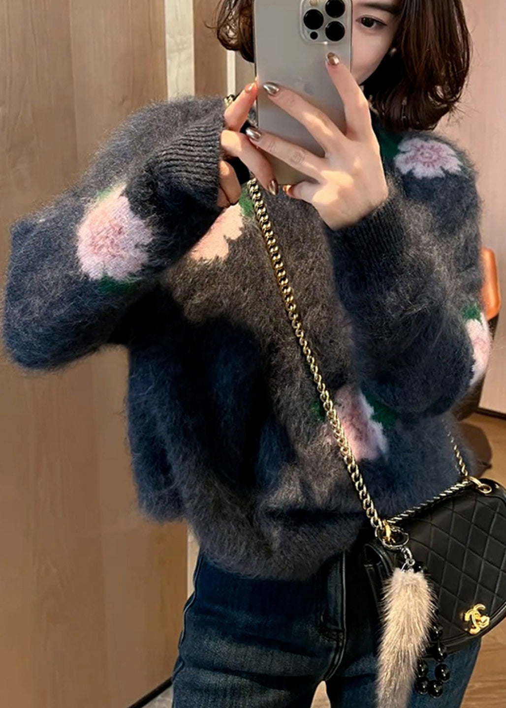 French Dark Grey Oversized Ma Hai Mao Knit Sweater Tops Winter
