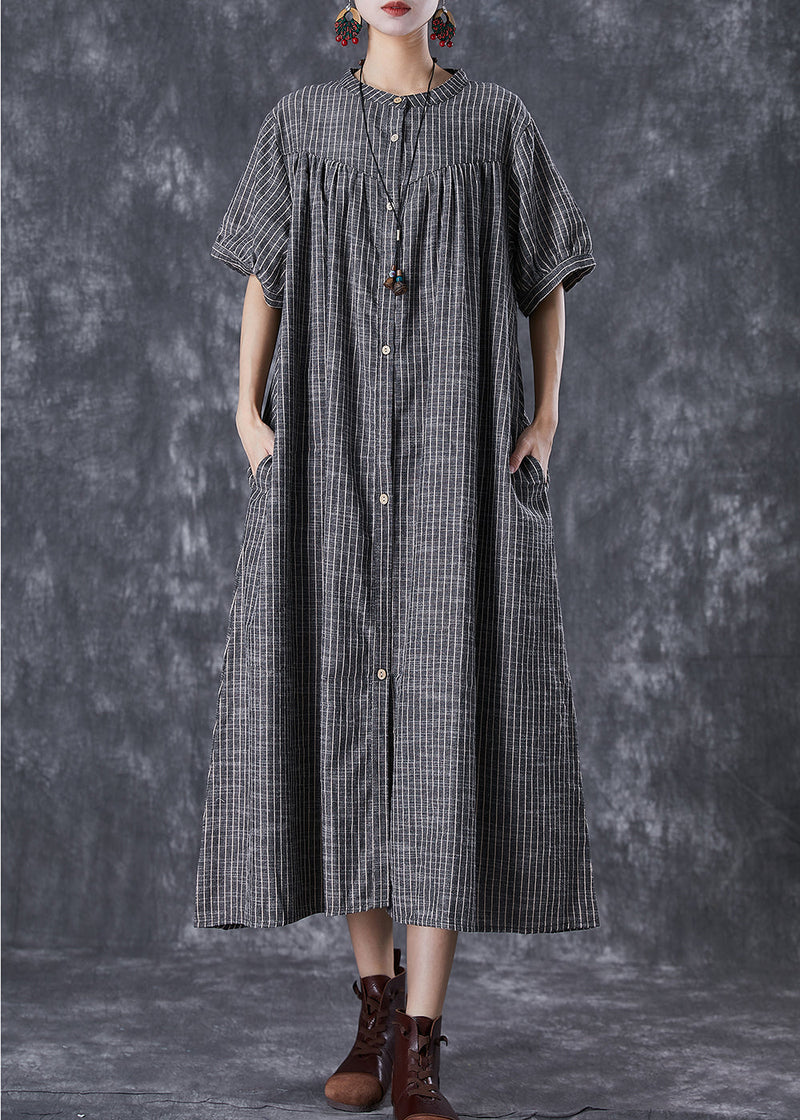 French Dark Grey Oversized Striped Linen a Line Dresses Summer