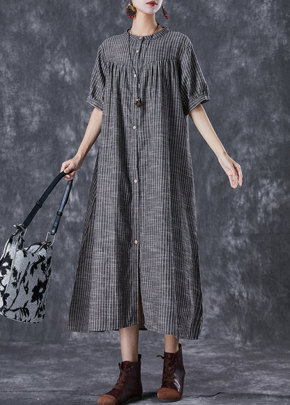 French Dark Grey Oversized Striped Linen a Line Dresses Summer