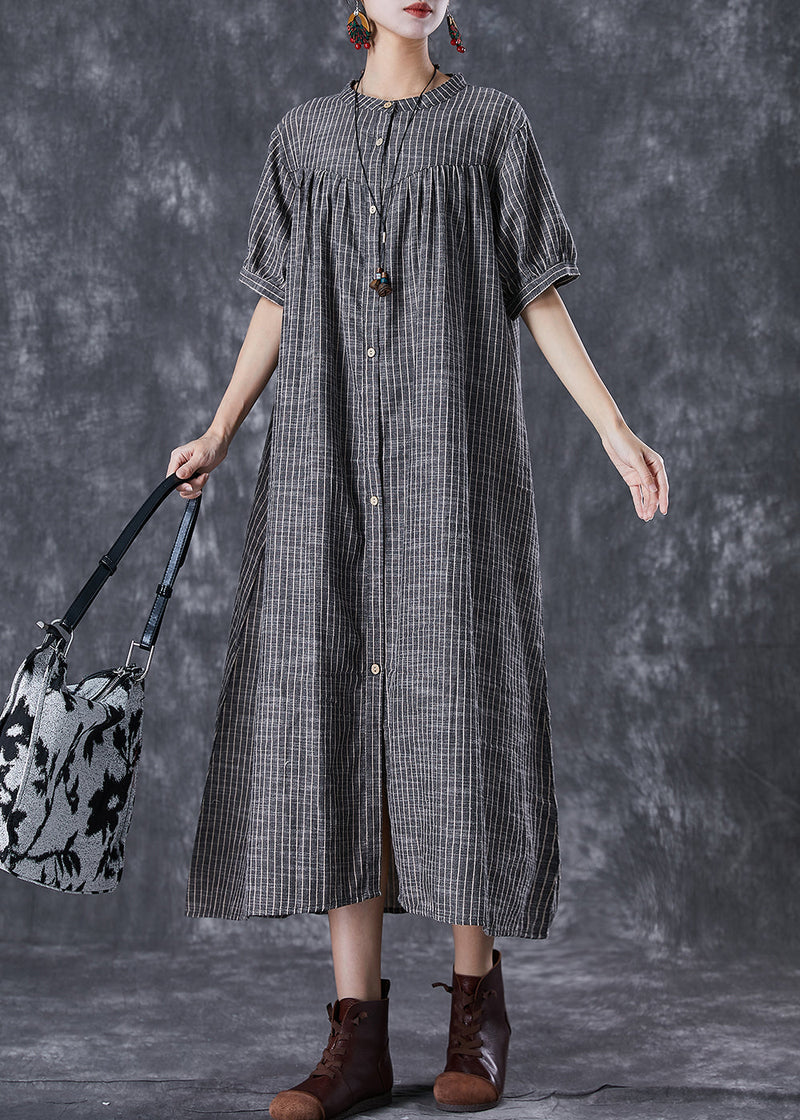 French Dark Grey Oversized Striped Linen a Line Dresses Summer