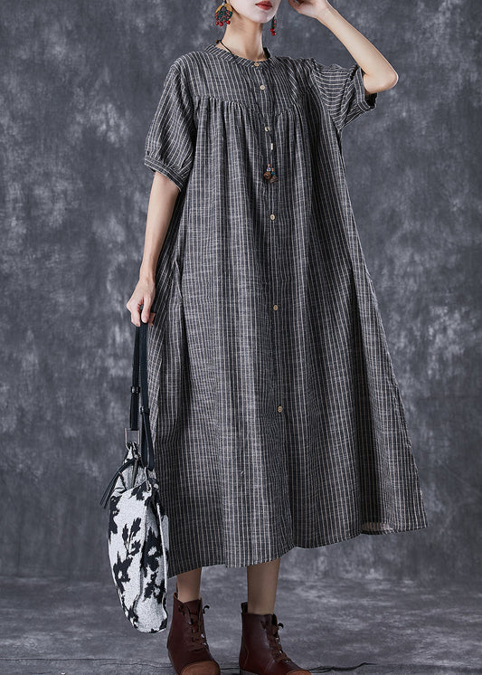 French Dark Grey Oversized Striped Linen a Line Dresses Summer