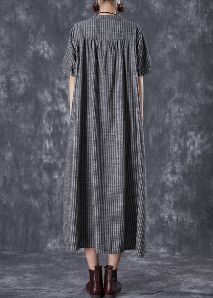French Dark Grey Oversized Striped Linen a Line Dresses Summer