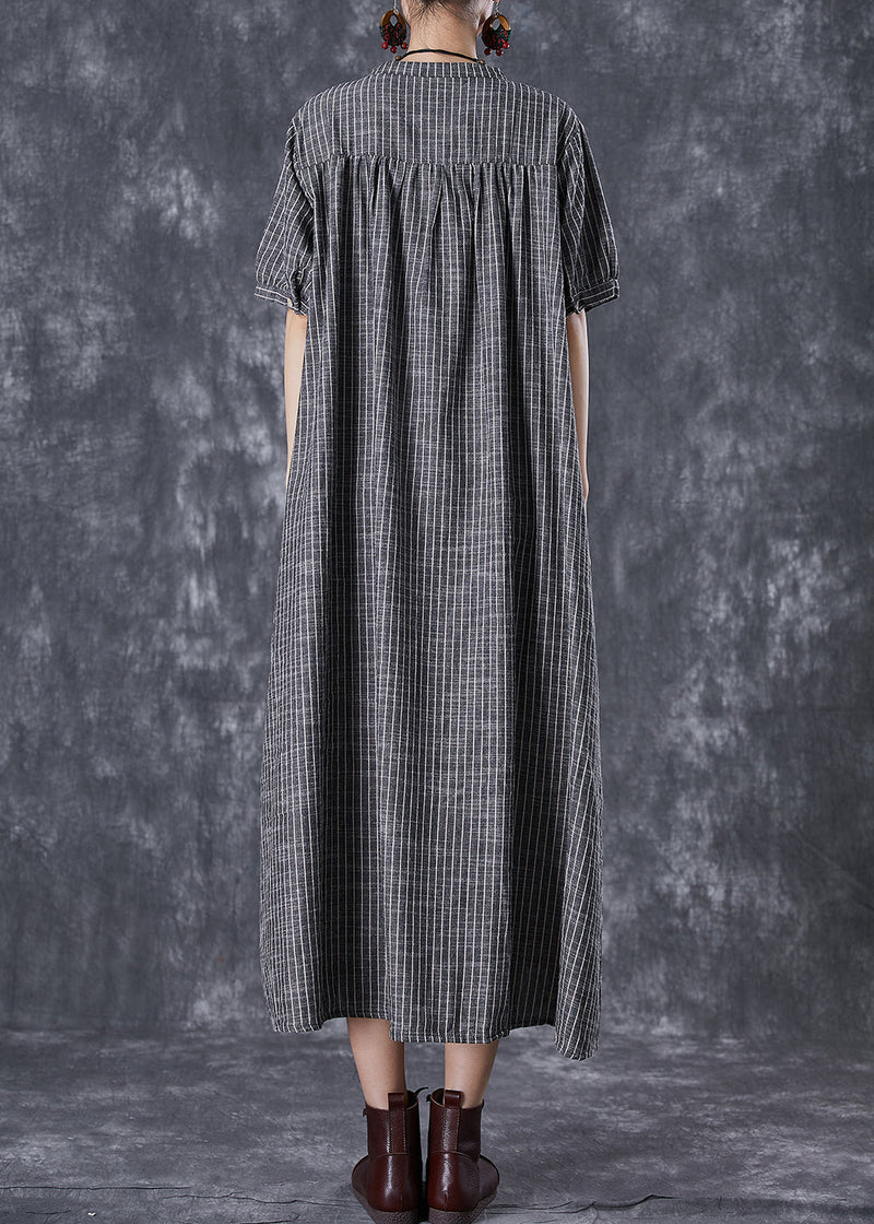 French Dark Grey Oversized Striped Linen a Line Dresses Summer