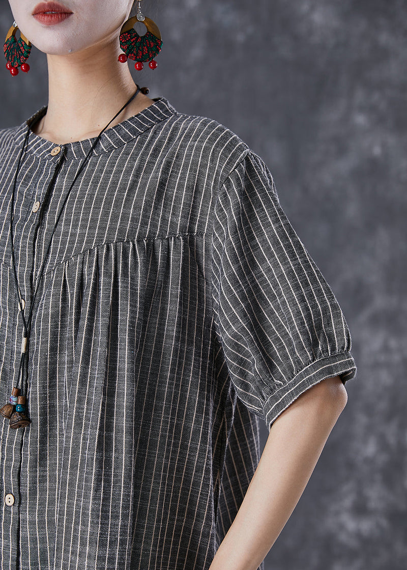 French Dark Grey Oversized Striped Linen a Line Dresses Summer