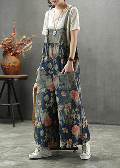 French Dark Color Print Patchwork Pockets Denim Outfits Rompers
