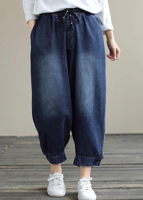 French Denim Blue Pants Spring Elastic Waist Pockets Inspiration Pants