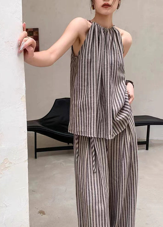French Coffee Striped Top Wide Leg Pants Two Piece Set Summer