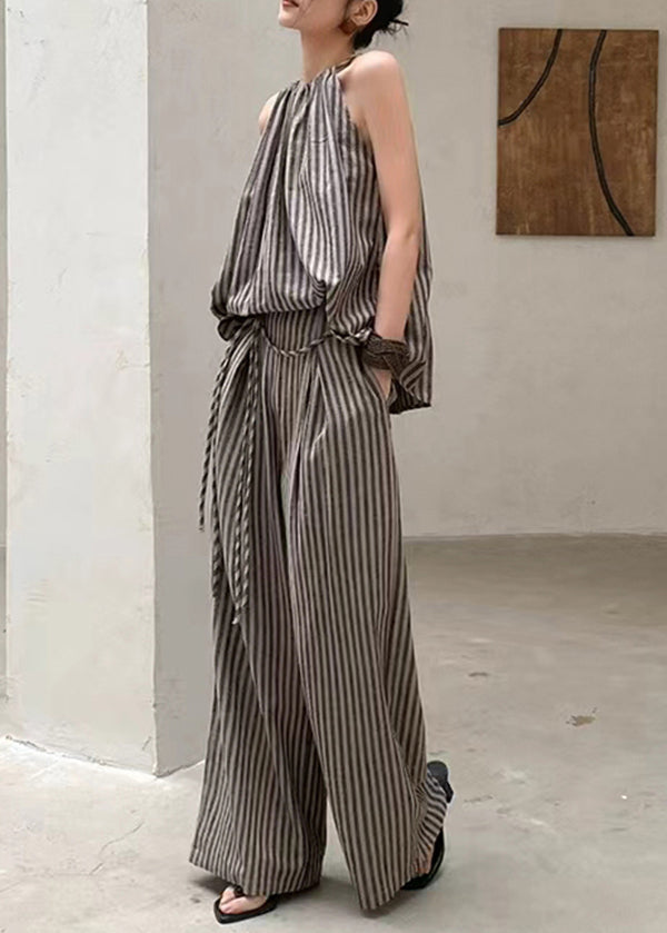 French Coffee Striped Top Wide Leg Pants Two Piece Set Summer