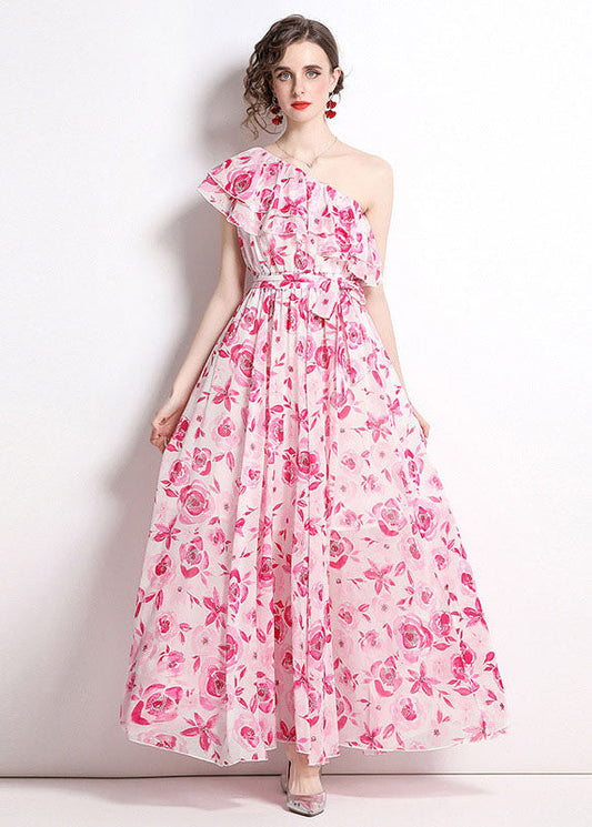French One-shoulder Print Patchwork Chiffon Beach Dresses Summer