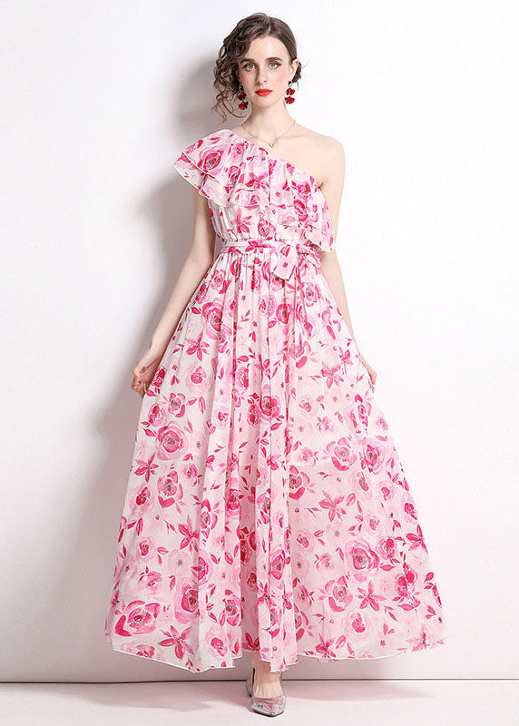 French One-shoulder Print Patchwork Chiffon Beach Dresses Summer