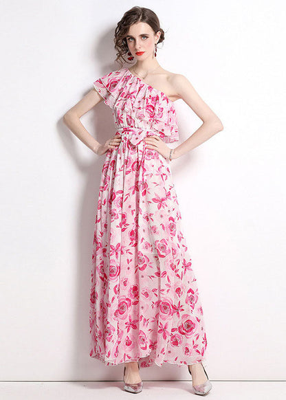 French One-shoulder Print Patchwork Chiffon Beach Dresses Summer