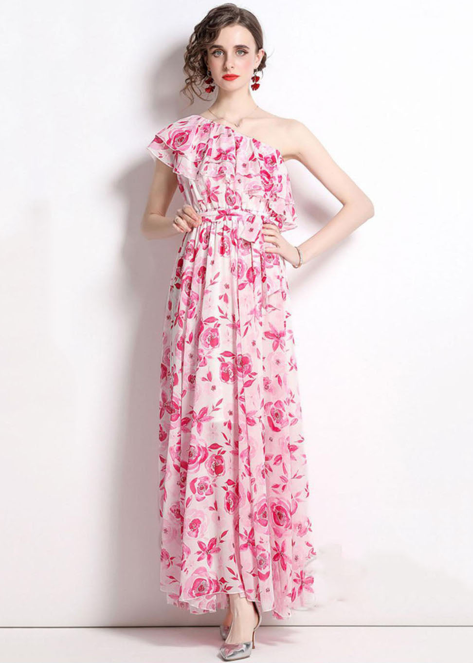 French One-shoulder Print Patchwork Chiffon Beach Dresses Summer