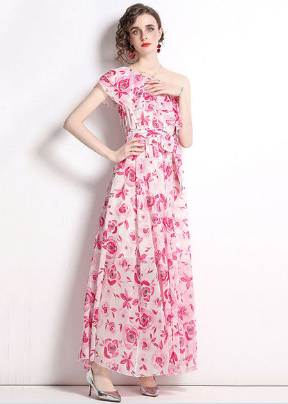 French One-shoulder Print Patchwork Chiffon Beach Dresses Summer