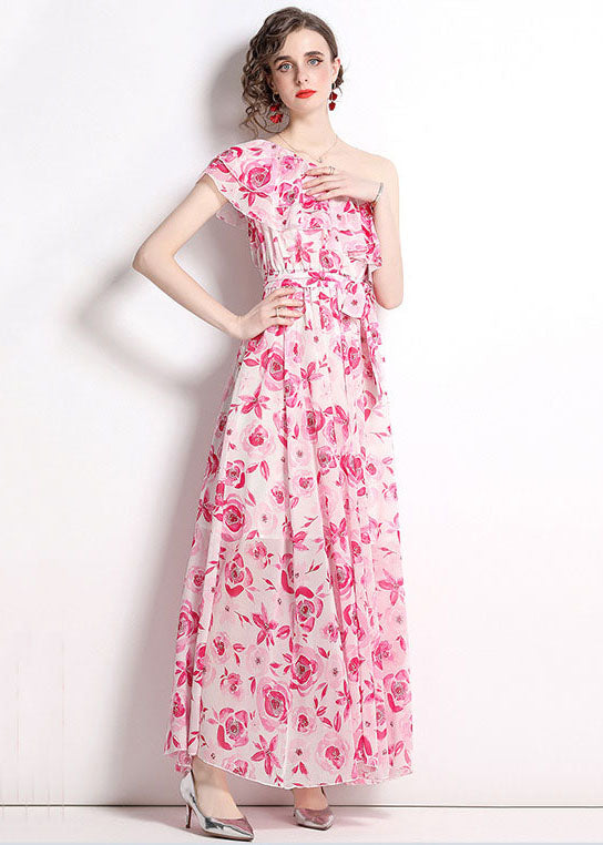 French One-shoulder Print Patchwork Chiffon Beach Dresses Summer