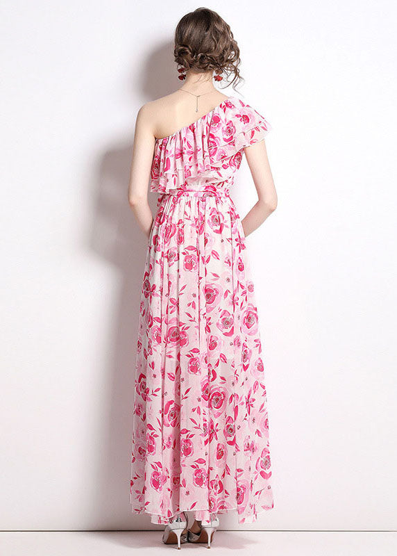 French One-shoulder Print Patchwork Chiffon Beach Dresses Summer