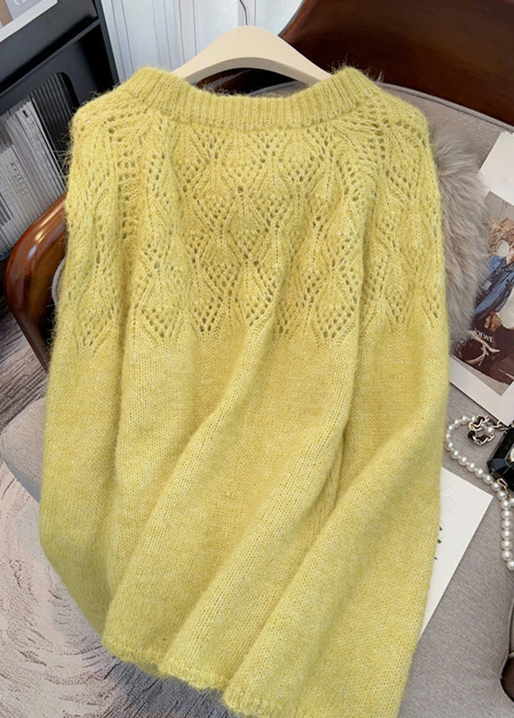 French Fruit Green O-neck Hollow Out Ma Hai Mao Cotton Knit Sweater Tops Winter