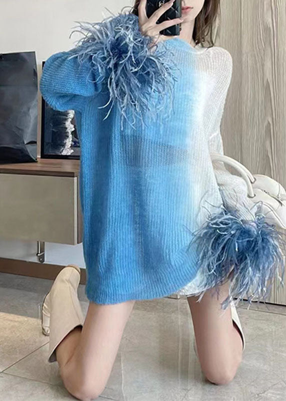 French Gradient Color Blue O-neck Cozy Thin Cotton Knit Sweater Long Sleeve