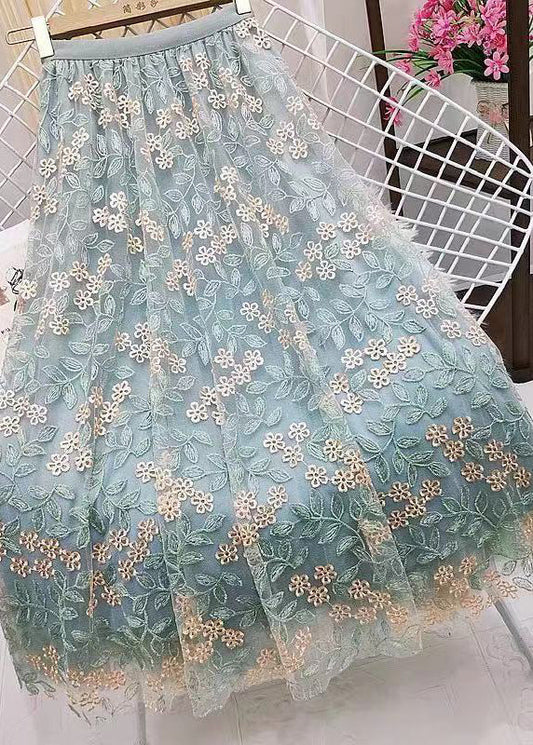 French Green Embroideried Straight Fall Skirts