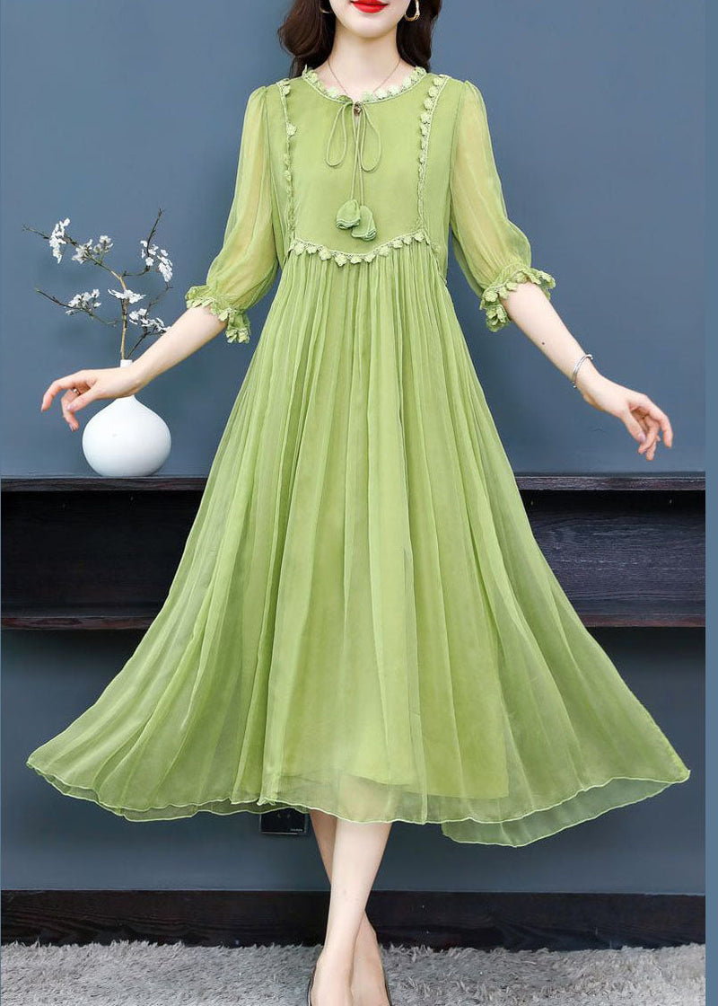 French Green O-neck Lace Up Exra Large Hem Silk Long Dress Half Sleeve