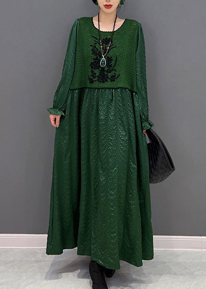French Green O-neck Patchwork Knit Maxi Dresses Winter