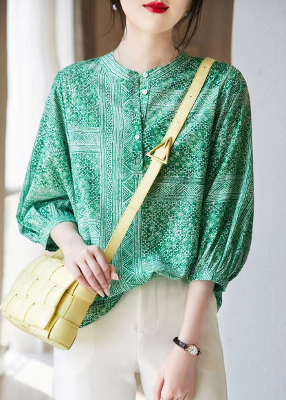 French Green O-neck Print Chiffon Tops Fall