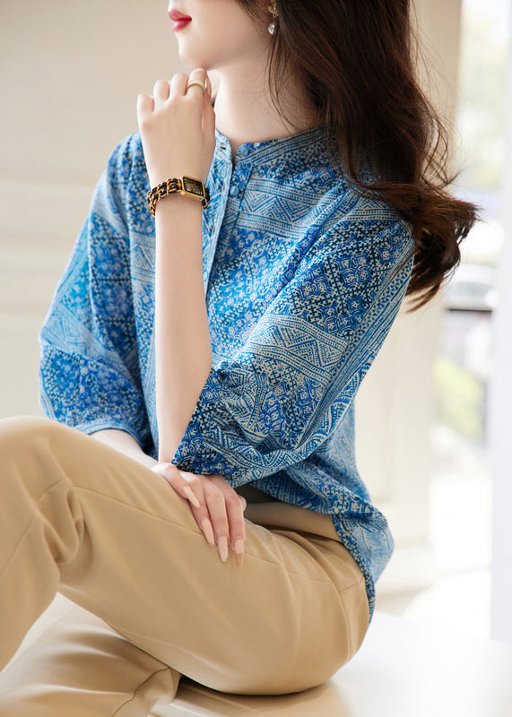 French Green O-neck Print Chiffon Tops Fall