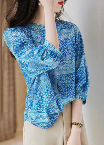 French Green O-neck Print Chiffon Tops Fall