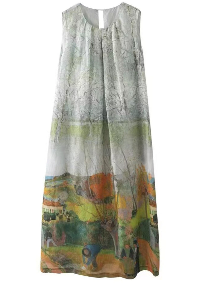French Green O-neck Print Cotton Long Dress Sleeveless