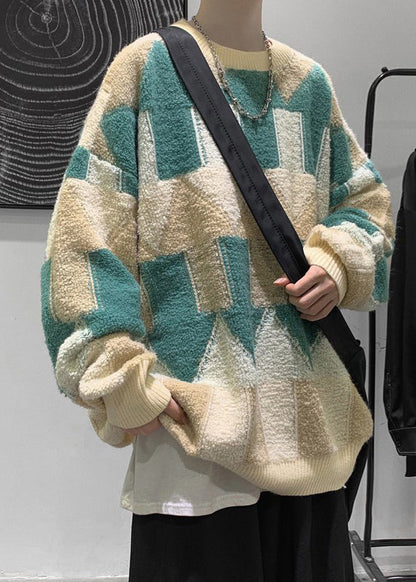 French Green O Neck Thick Cotton Knit Sweater Winter
