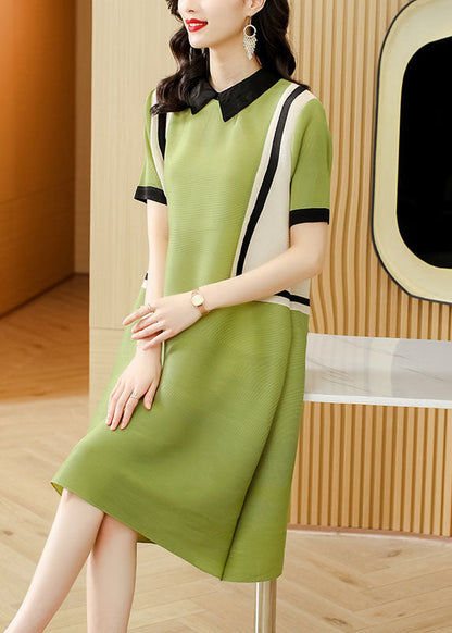 French Green Peter Pan Collar Patchwork Mid Dress Short Sleeve