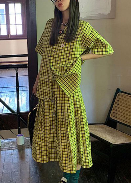 French Green Plaid Tops and Skirts Cotton Two Pieces Set Summer