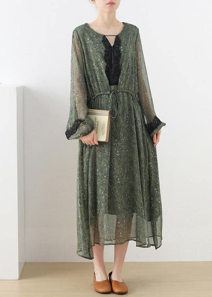 French Green Print Chiffon Patchwork Summer Vacation Dresses