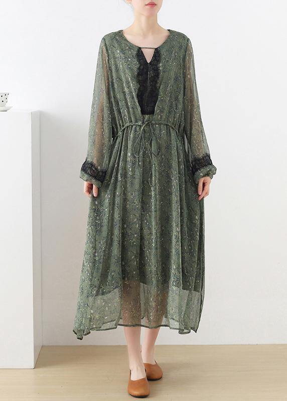 French Green Print Chiffon Patchwork Summer Vacation Dresses