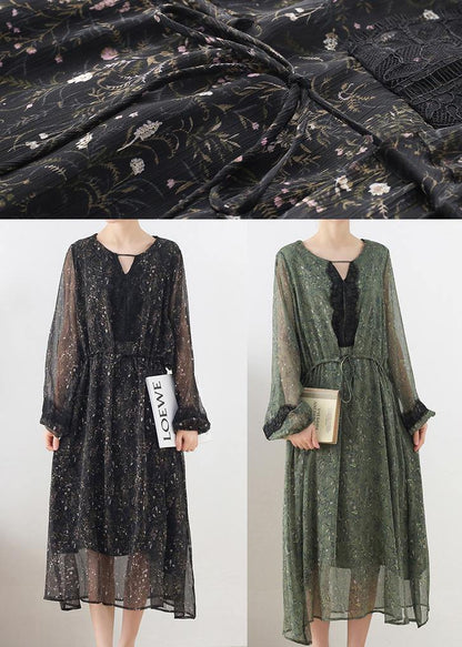 French Green Print Chiffon Patchwork Summer Vacation Dresses