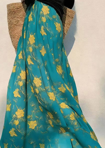French Green Print Elastic Waist Draping a Line Skirts