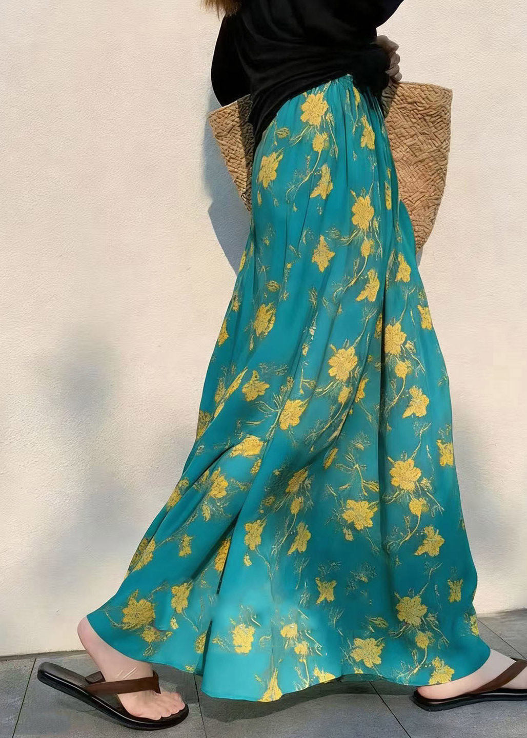French Green Print Elastic Waist Draping a Line Skirts