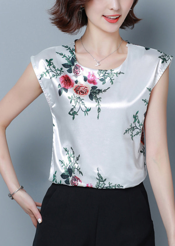 French Green Print O-neck Silk Shirt Tops Short Sleeve