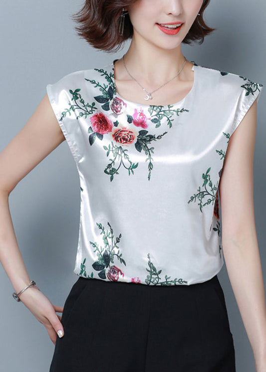 French Green Print O-neck Silk Shirt Tops Short Sleeve