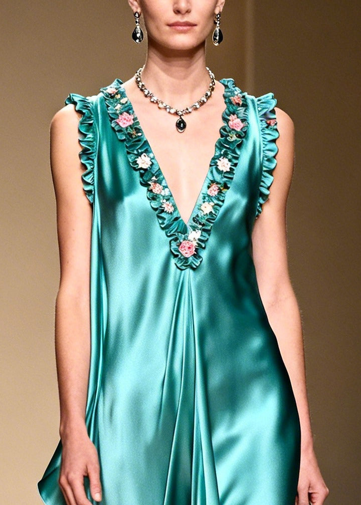 French Green Ruffled Asymmetrical Design Exra Large Hem Silk Holiday Dress Summer